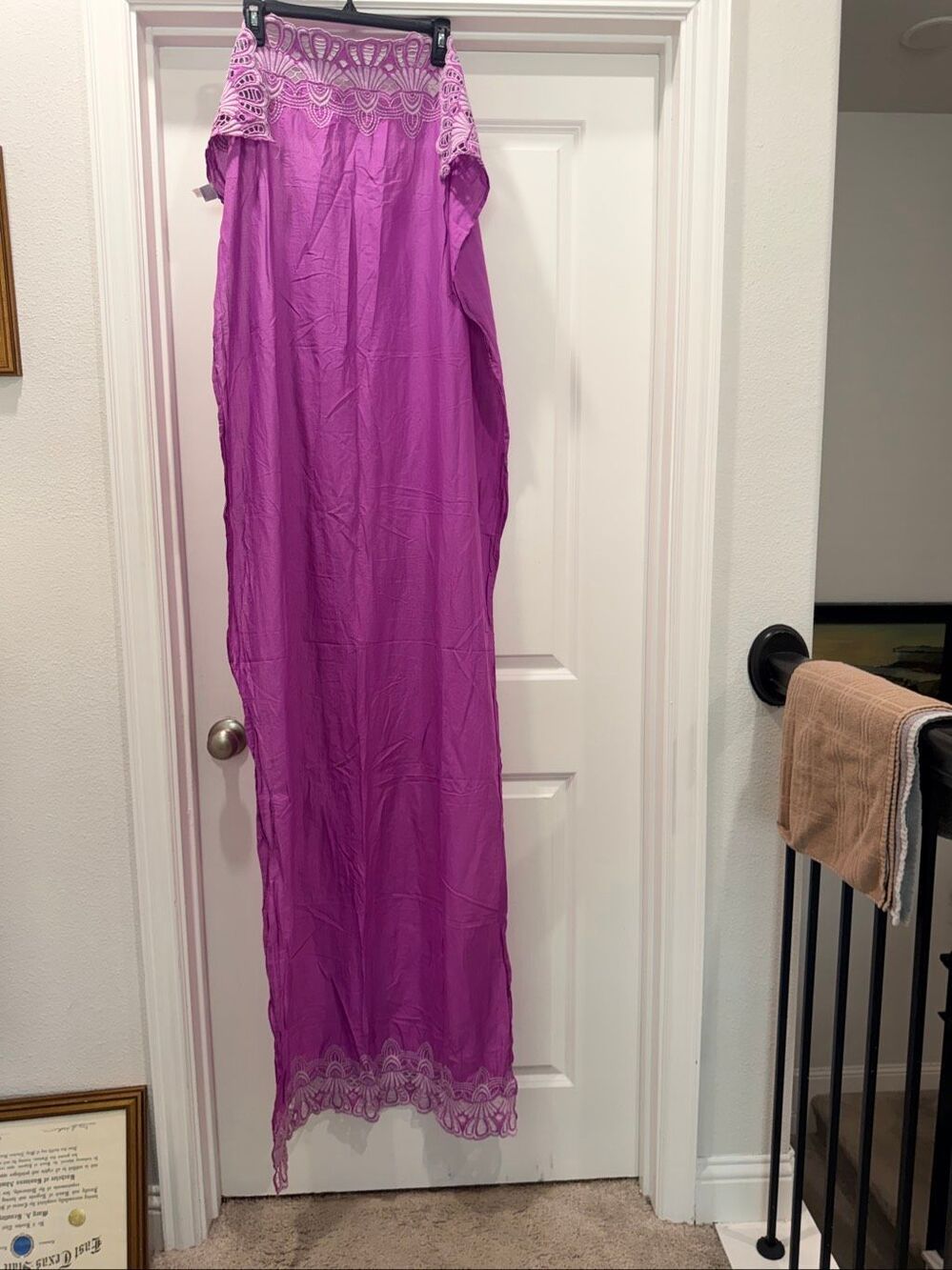 Purple Crochet Lace Trim Maxi Kimono Long Beach Cover Up Robe One Size